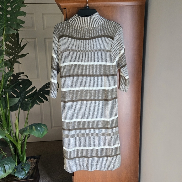 Jennifer Lauren Striped Green/Brown and White Knit Short Sleeve Sweater Dress - Picture 2 of 4